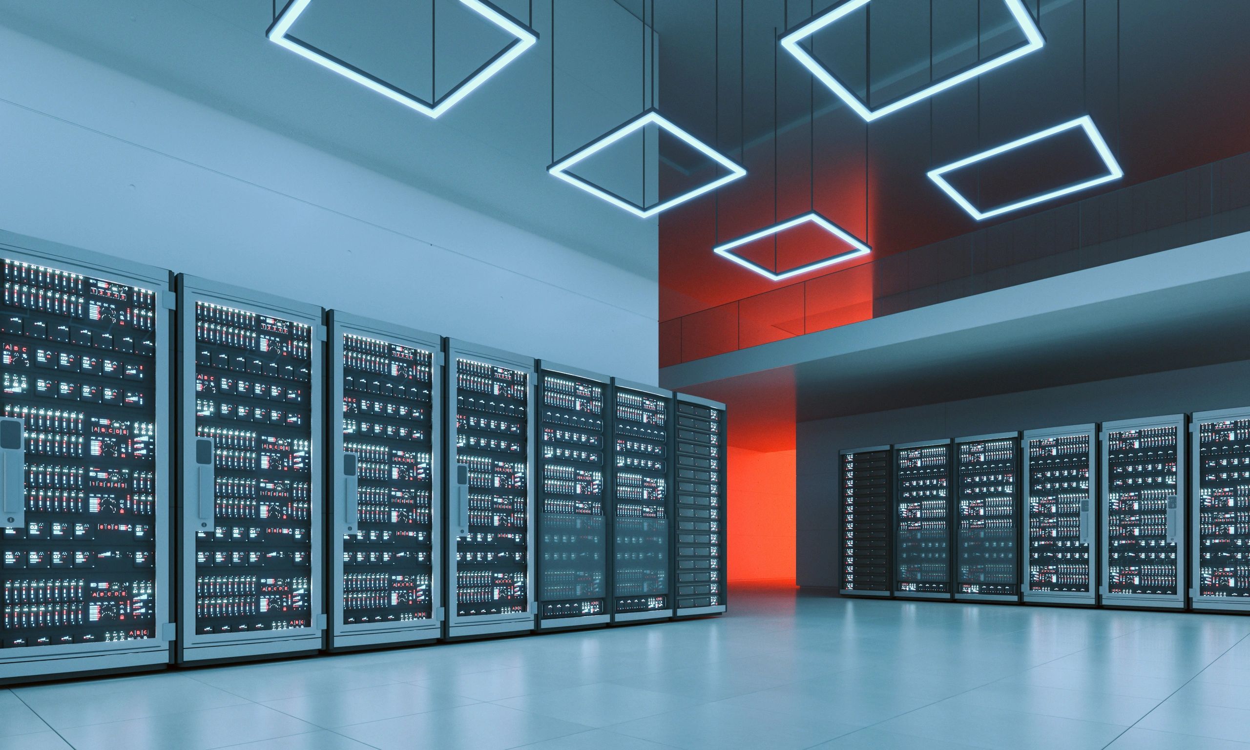 Modern server room with illuminated racks